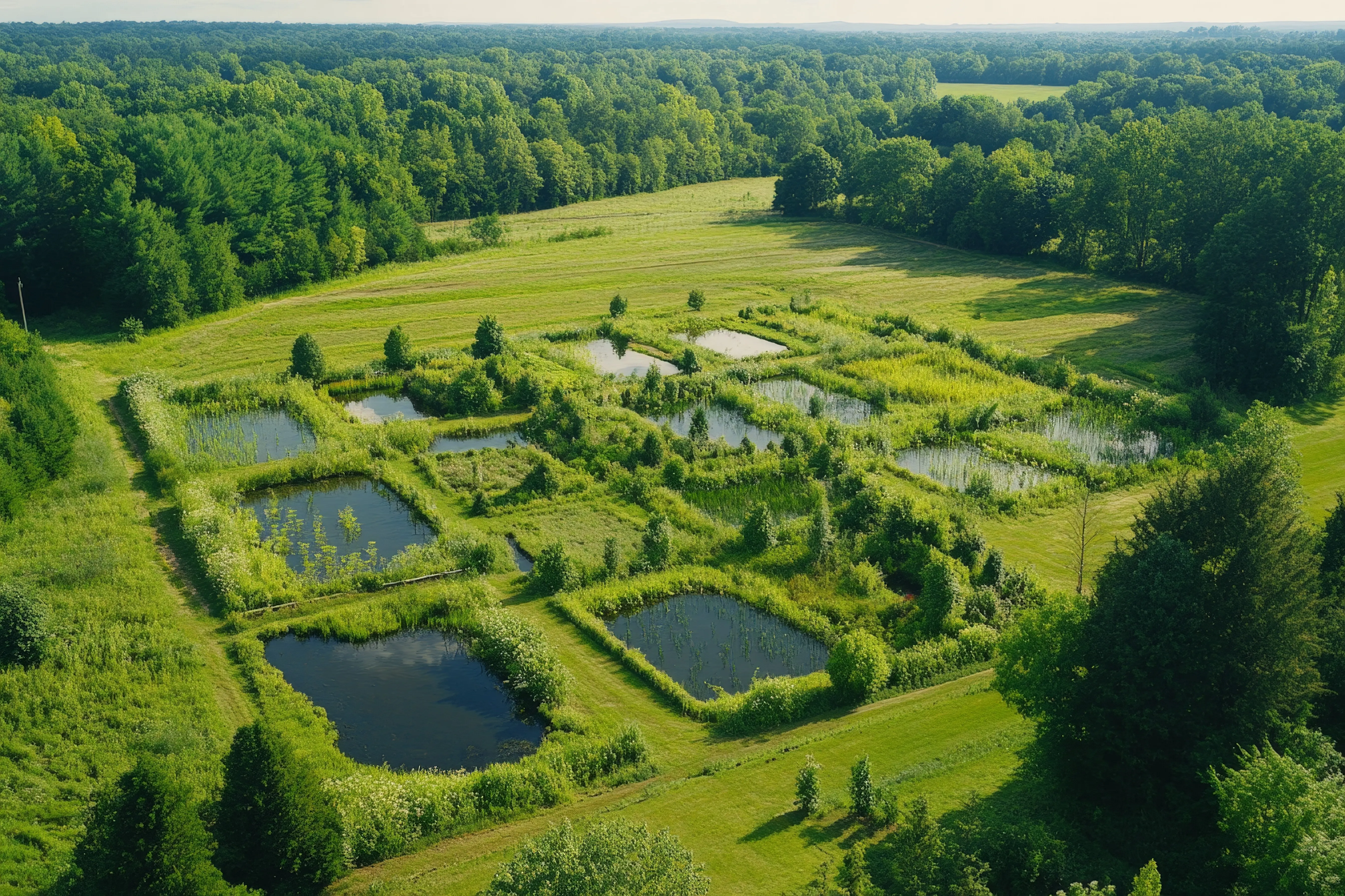 An aerial drone view of a large-scale regenerative farm with natural hedges, ponds, and grazing fields that promote biodiversity and soil health.