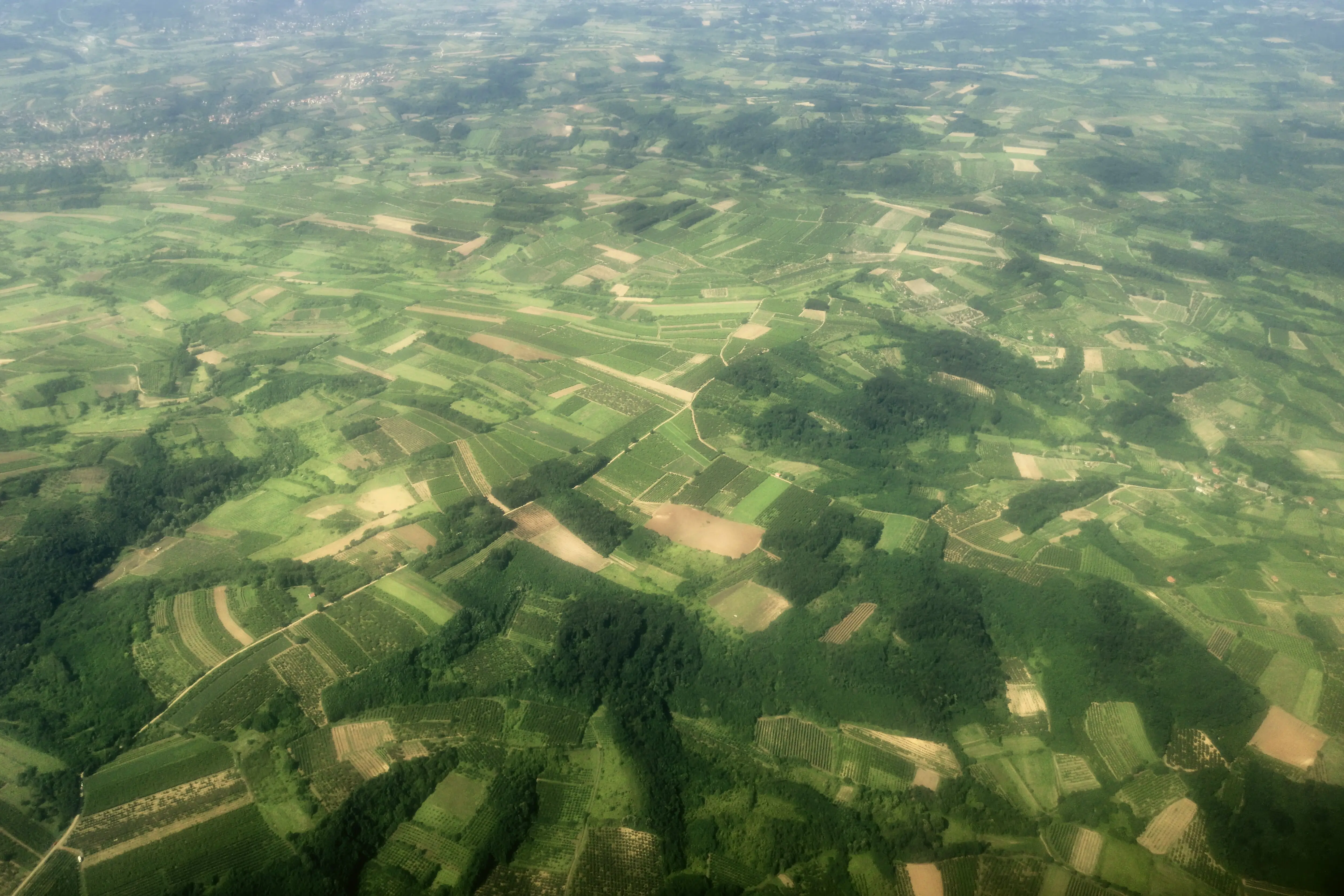 A bird’s-eye view of green fields and forested countryside